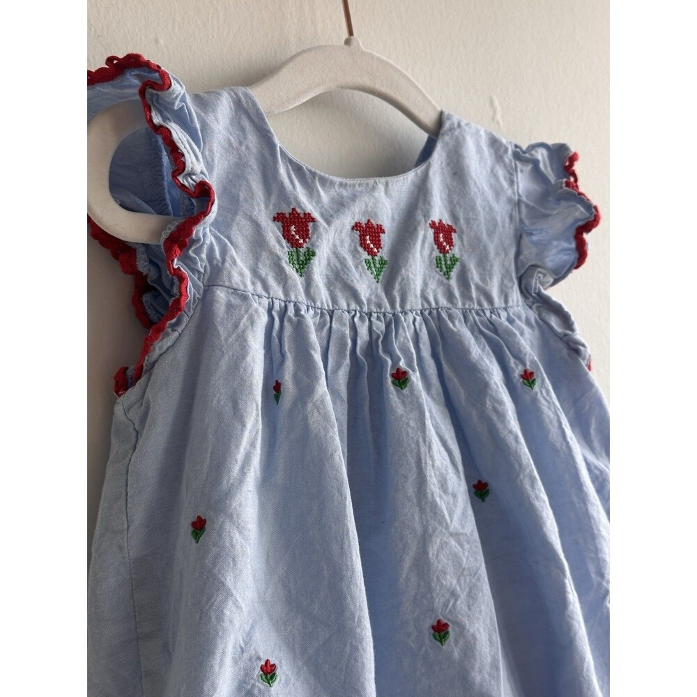 100% Cotton 24M Blue Floral Embroidered Romper Woven Sleeveless Ruffle Button